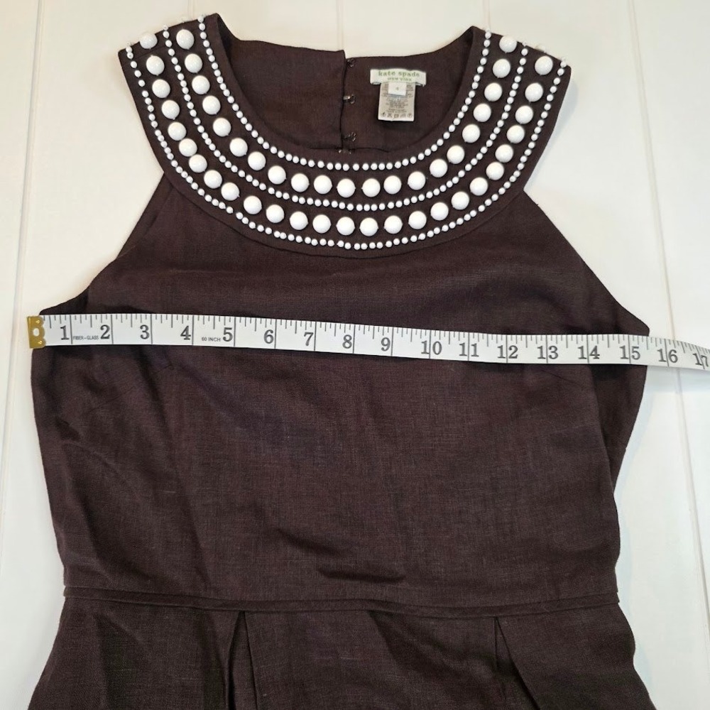 Kate‎ Spade Women's Sz 4 Fit & Flare Dress Brown 100% Linen Beaded Sleeveless - Picture 8 of 11